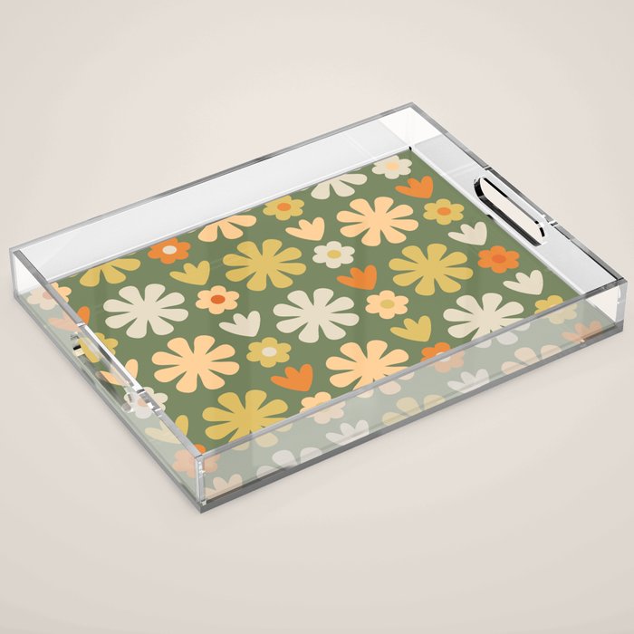 Scandi Floral Grid Retro Flower Pattern in Mossy Olive Green and Orange Acrylic Tray Gallery Image 1