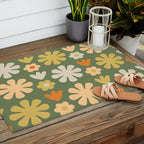 Scandi Floral Grid Retro Flower Pattern in Mossy Olive Green and Orange Outdoor Rug Gallery Image 2