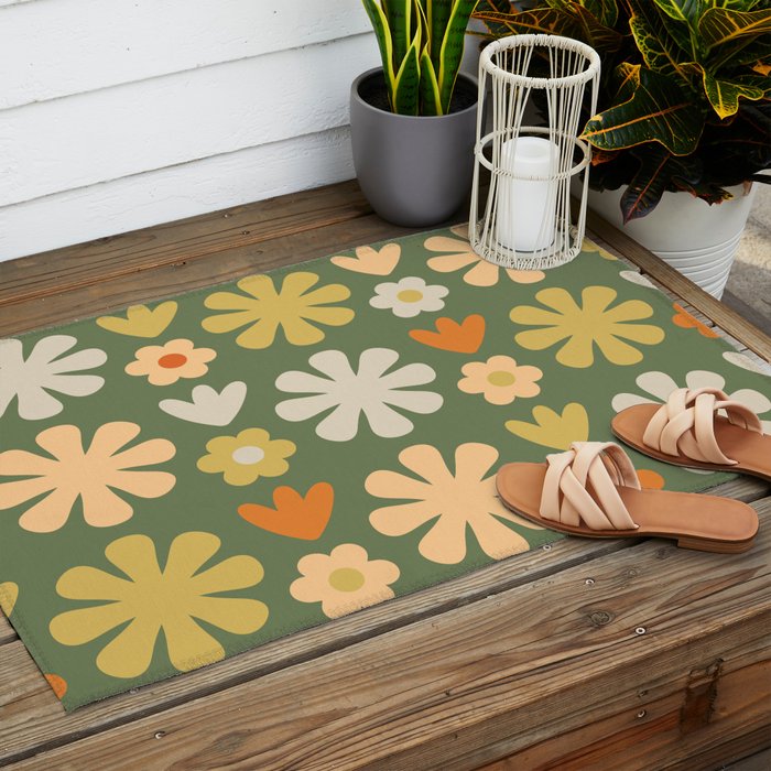 Scandi Floral Grid Retro Flower Pattern in Mossy Olive Green and Orange Outdoor Rug Gallery Image 2