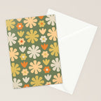 Scandi Floral Grid Retro Flower Pattern in Mossy Olive Green and Orange Stationery Card Gallery Image 2