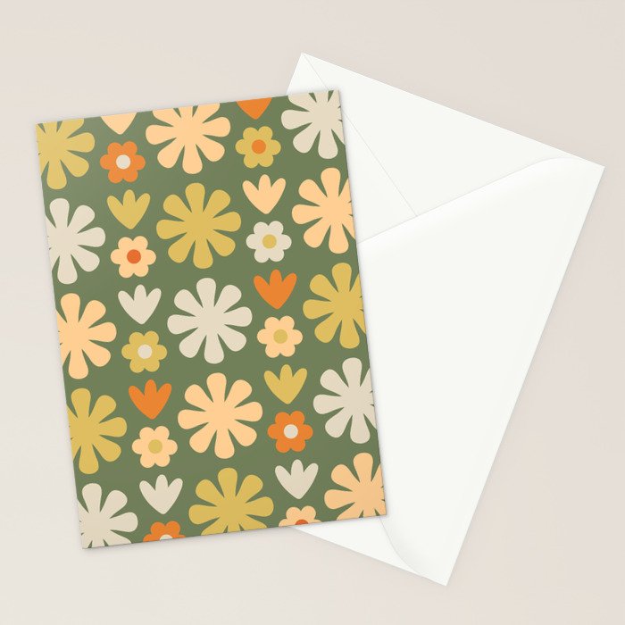 Scandi Floral Grid Retro Flower Pattern in Mossy Olive Green and Orange Stationery Card Gallery Image 2