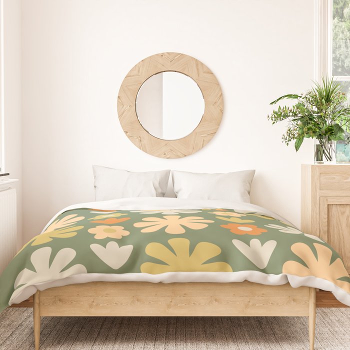 Scandi Floral Grid Retro Flower Pattern in Mossy Olive Green and Orange Duvet Cover Gallery Image 3
