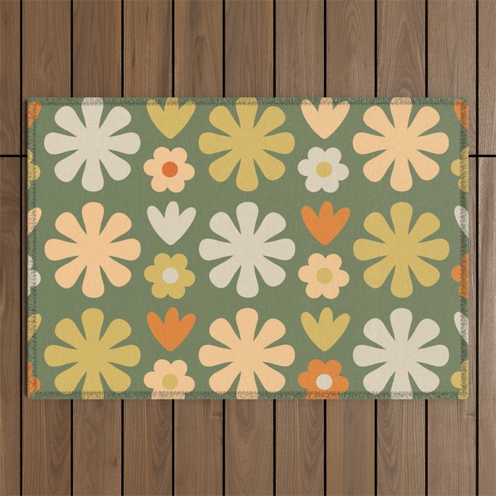 Scandi Floral Grid Retro Flower Pattern in Mossy Olive Green and Orange Outdoor Rug Gallery Image 1