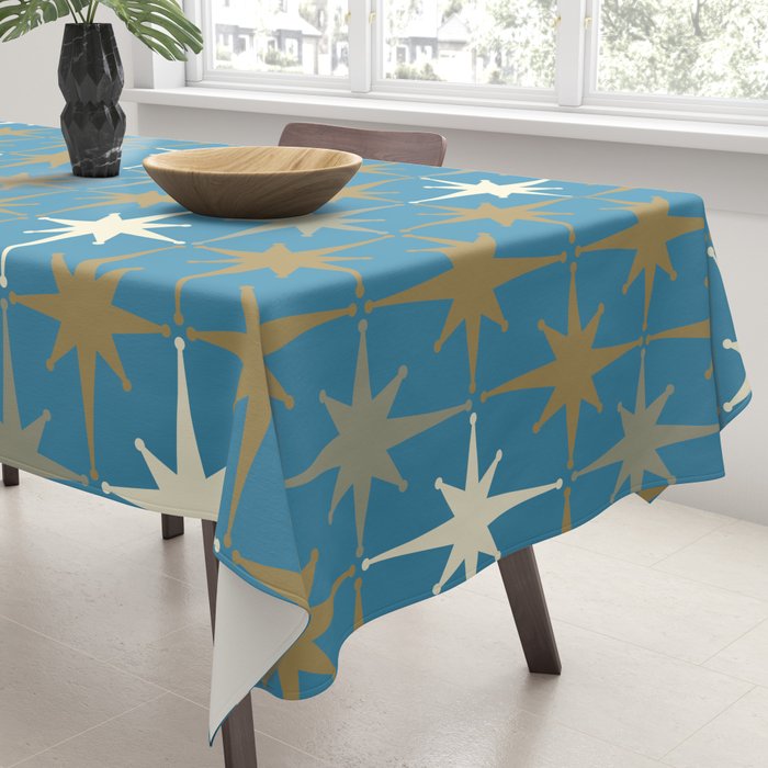 Atomic Age Retro Starburst Mid-century Modern Pattern in Burnished Gold, Taupe, Cream, and 50s Blue Tablecloth Gallery Image 3