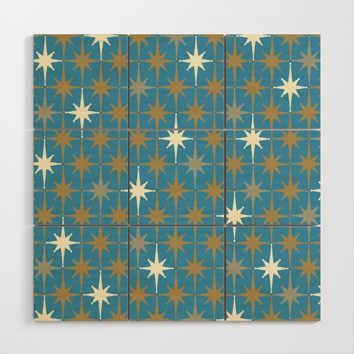 Atomic Age Retro Starburst Mid-century Modern Pattern in Burnished Gold, Taupe, Cream, and 50s Blue Wood Wall Art Gallery Image 1
