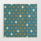 Atomic Age Retro Starburst Mid-century Modern Pattern in Burnished Gold, Taupe, Cream, and 50s Blue Wood Wall Art Gallery Image 1