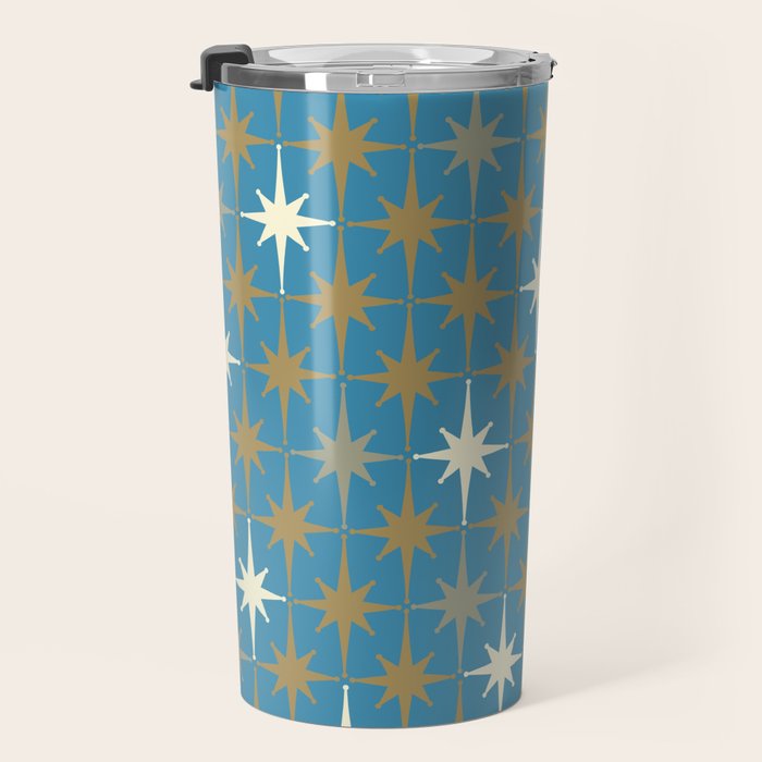 Atomic Age Retro Starburst Mid-century Modern Pattern in Burnished Gold, Taupe, Cream, and 50s Blue Travel Mug Gallery Image 3