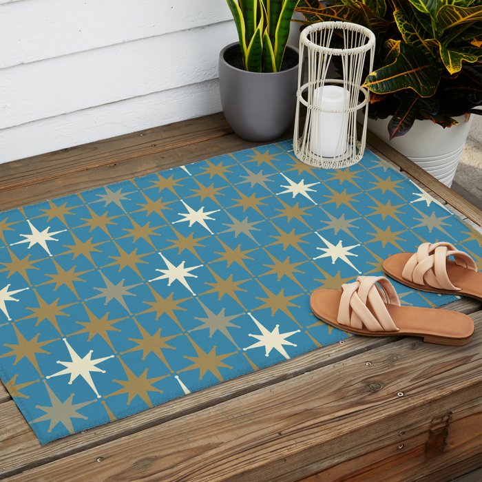 Atomic Age Retro Starburst Mid-century Modern Pattern in Burnished Gold, Taupe, Cream, and 50s Blue Outdoor Rug Gallery Image 2