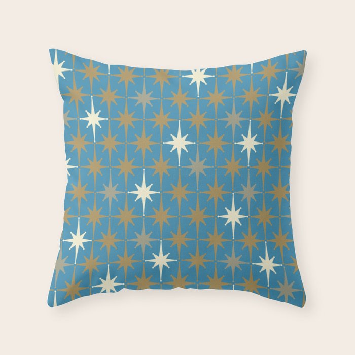 Atomic Age Retro Starburst Mid-century Modern Pattern in Burnished Gold, Taupe, Cream, and 50s Blue Throw Pillow Gallery Image 1