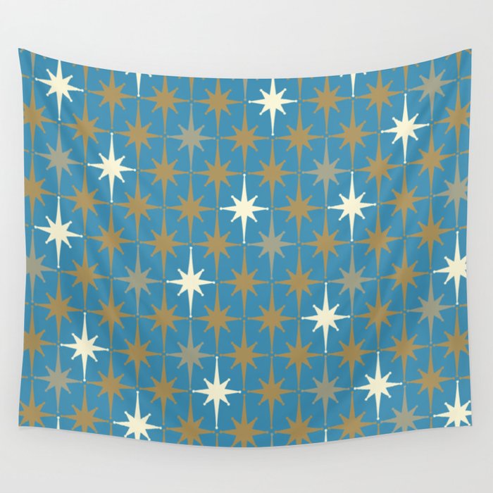 Atomic Age Retro Starburst Mid-century Modern Pattern in Burnished Gold, Taupe, Cream, and 50s Blue Wall Tapestry Gallery Image 4