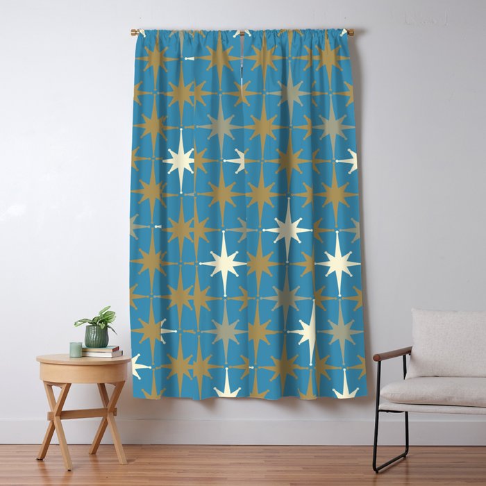 Atomic Age Retro Starburst Mid-century Modern Pattern in Burnished Gold, Taupe, Cream, and 50s Blue Window Curtain Gallery Image 5