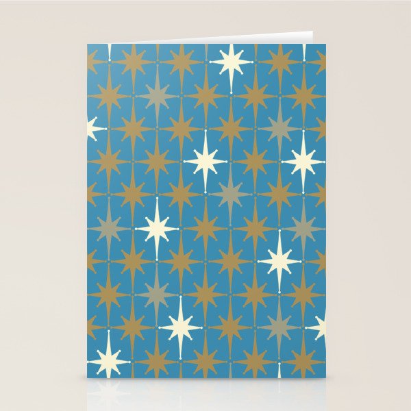 Atomic Age Retro Starburst Mid-century Modern Pattern in Burnished Gold, Taupe, Cream, and 50s Blue Stationery Card Gallery Image 1