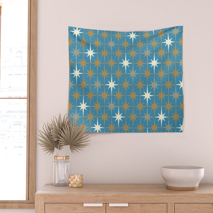 Atomic Age Retro Starburst Mid-century Modern Pattern in Burnished Gold, Taupe, Cream, and 50s Blue Wall Tapestry Gallery Image 2