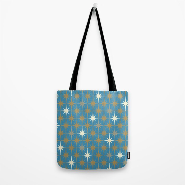 Atomic Age Retro Starburst Mid-century Modern Pattern in Burnished Gold, Taupe, Cream, and 50s Blue Tote Bag Gallery Image 2