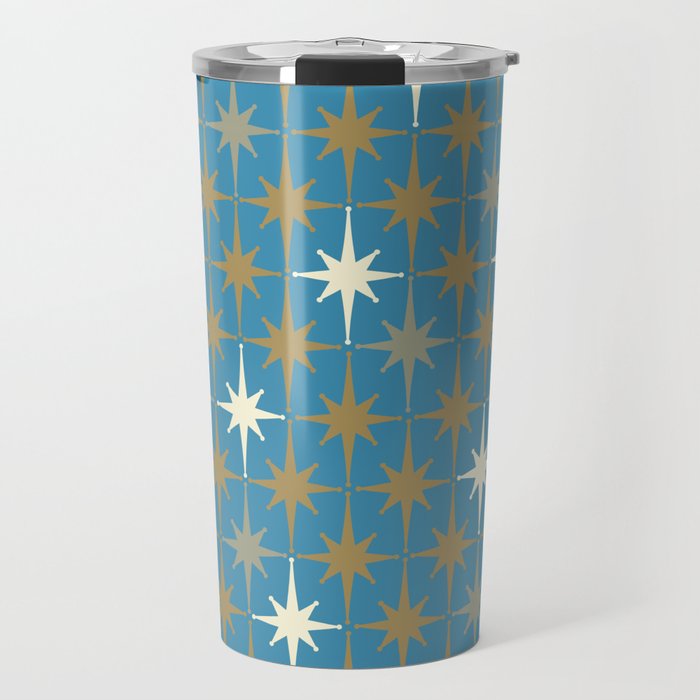 Atomic Age Retro Starburst Mid-century Modern Pattern in Burnished Gold, Taupe, Cream, and 50s Blue Travel Mug Gallery Image 1