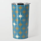 Atomic Age Retro Starburst Mid-century Modern Pattern in Burnished Gold, Taupe, Cream, and 50s Blue Travel Mug Gallery Image 1