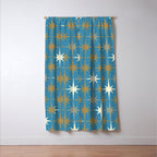 Atomic Age Retro Starburst Mid-century Modern Pattern in Burnished Gold, Taupe, Cream, and 50s Blue Window Curtain Gallery Image 3