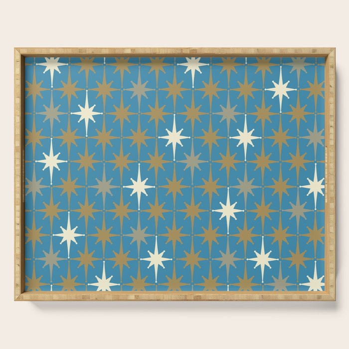 Atomic Age Retro Starburst Mid-century Modern Pattern in Burnished Gold, Taupe, Cream, and 50s Blue Serving Tray Gallery Image 1