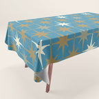 Atomic Age Retro Starburst Mid-century Modern Pattern in Burnished Gold, Taupe, Cream, and 50s Blue Tablecloth Gallery Image 1