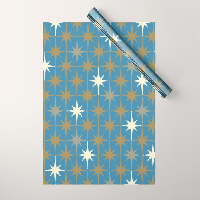 Atomic Age Retro Starburst Mid-century Modern Pattern in Burnished Gold, Taupe, Cream, and 50s Blue Wrapping Paper Gallery Image 1