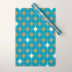 Atomic Age Retro Starburst Mid-century Modern Pattern in Burnished Gold, Taupe, Cream, and 50s Blue Wrapping Paper Gallery Image 1