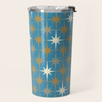Atomic Age Retro Starburst Mid-century Modern Pattern in Burnished Gold, Taupe, Cream, and 50s Blue Travel Mug Gallery Image 2