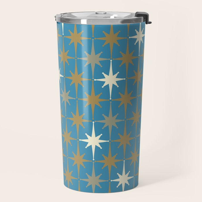 Atomic Age Retro Starburst Mid-century Modern Pattern in Burnished Gold, Taupe, Cream, and 50s Blue Travel Mug Gallery Image 2