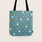Atomic Age Retro Starburst Mid-century Modern Pattern in Burnished Gold, Taupe, Cream, and 50s Blue Tote Bag Gallery Image 1