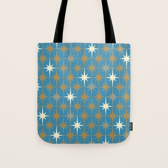 Atomic Age Retro Starburst Mid-century Modern Pattern in Burnished Gold, Taupe, Cream, and 50s Blue Tote Bag Gallery Image 1