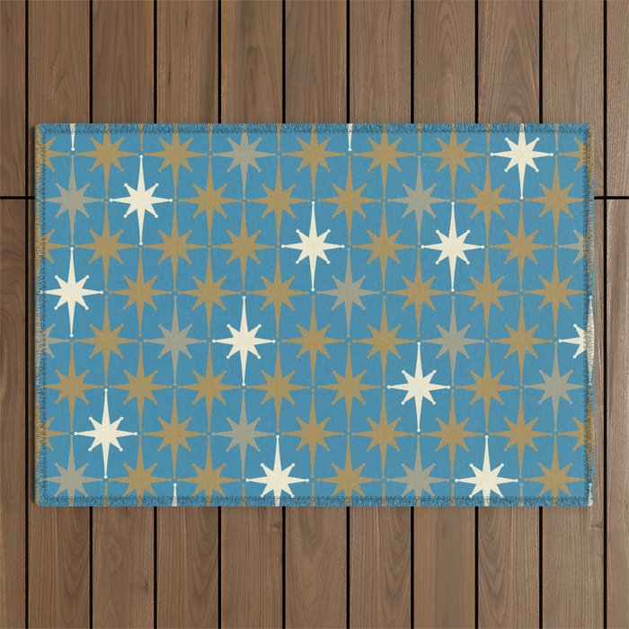 Atomic Age Retro Starburst Mid-century Modern Pattern in Burnished Gold, Taupe, Cream, and 50s Blue Outdoor Rug Gallery Image 1
