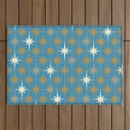 Atomic Age Retro Starburst Mid-century Modern Pattern in Burnished Gold, Taupe, Cream, and 50s Blue Outdoor Rug Gallery Image 1