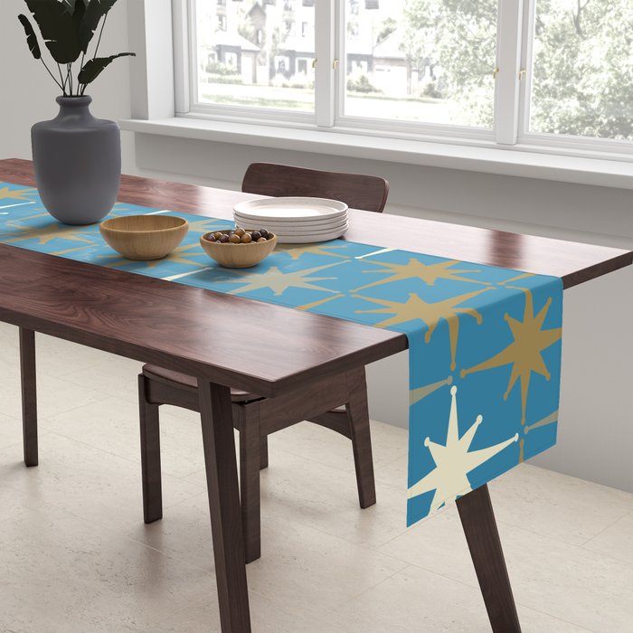 Atomic Age Retro Starburst Mid-century Modern Pattern in Burnished Gold, Taupe, Cream, and 50s Blue Table Runner Gallery Image 2