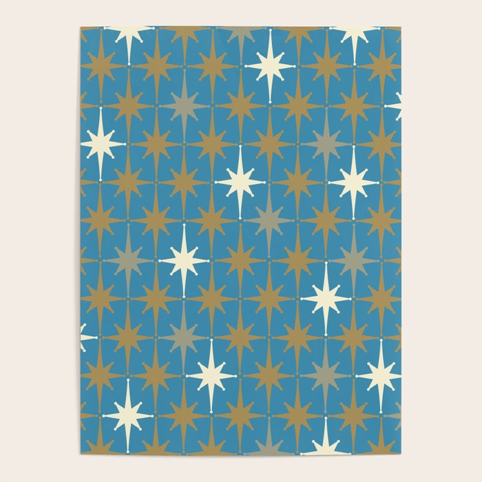 Atomic Age Retro Starburst Mid-century Modern Pattern in Burnished Gold, Taupe, Cream, and 50s Blue Poster Gallery Image 4