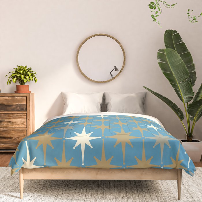 Atomic Age Retro Starburst Mid-century Modern Pattern in Burnished Gold, Taupe, Cream, and 50s Blue Comforter Gallery Image 3