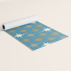 Atomic Age Retro Starburst Mid-century Modern Pattern in Burnished Gold, Taupe, Cream, and 50s Blue Yoga Mat Gallery Image 2