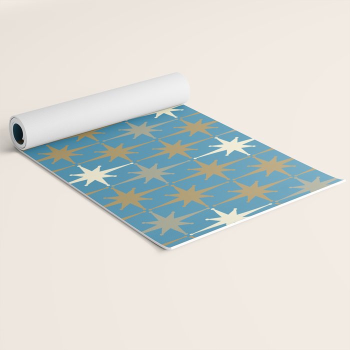 Atomic Age Retro Starburst Mid-century Modern Pattern in Burnished Gold, Taupe, Cream, and 50s Blue Yoga Mat Gallery Image 2