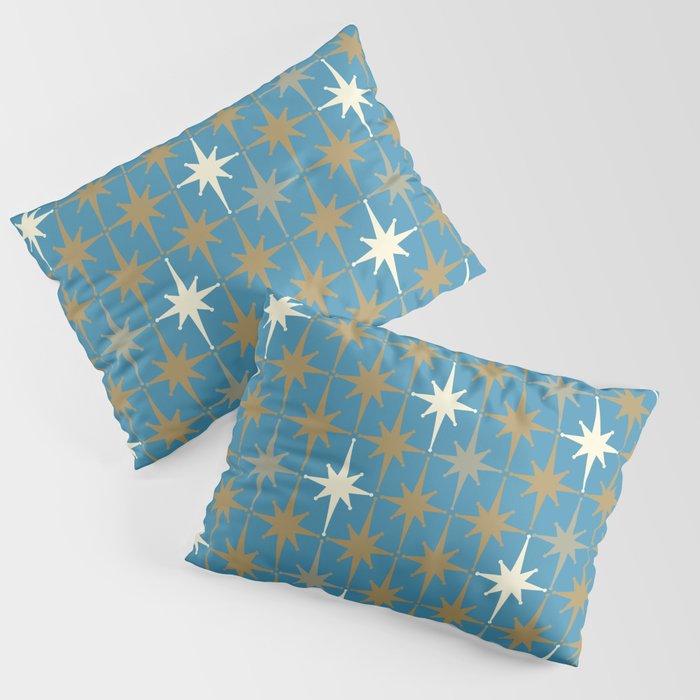 Atomic Age Retro Starburst Mid-century Modern Pattern in Burnished Gold, Taupe, Cream, and 50s Blue Pillow Sham Gallery Image 3