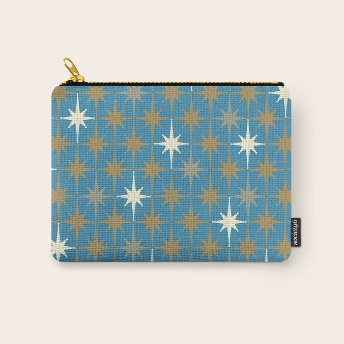 Atomic Age Retro Starburst Mid-century Modern Pattern in Burnished Gold, Taupe, Cream, and 50s Blue Carry All Pouch Gallery Image 1