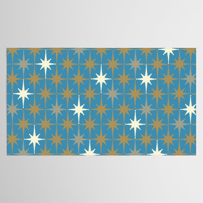 Atomic Age Retro Starburst Mid-century Modern Pattern in Burnished Gold, Taupe, Cream, and 50s Blue Tablecloth Gallery Image 2
