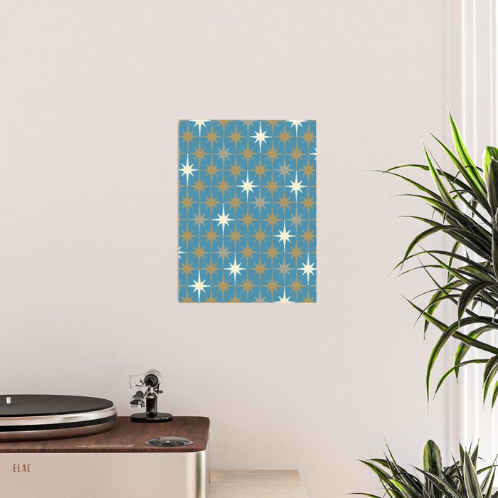Atomic Age Retro Starburst Mid-century Modern Pattern in Burnished Gold, Taupe, Cream, and 50s Blue Poster Gallery Image 2
