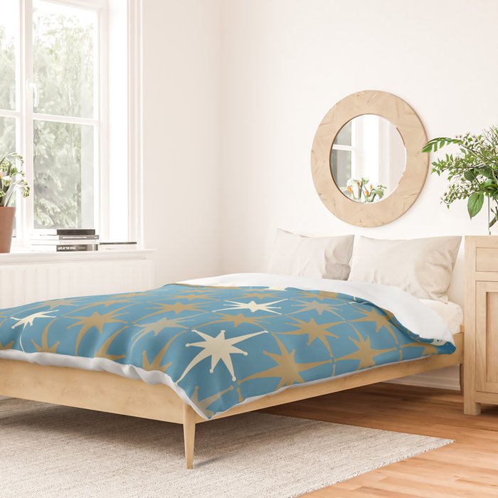 Atomic Age Retro Starburst Mid-century Modern Pattern in Burnished Gold, Taupe, Cream, and 50s Blue Duvet Cover Gallery Image 2