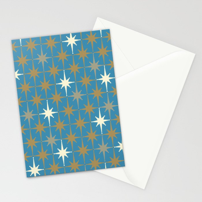 Atomic Age Retro Starburst Mid-century Modern Pattern in Burnished Gold, Taupe, Cream, and 50s Blue Stationery Card Gallery Image 2