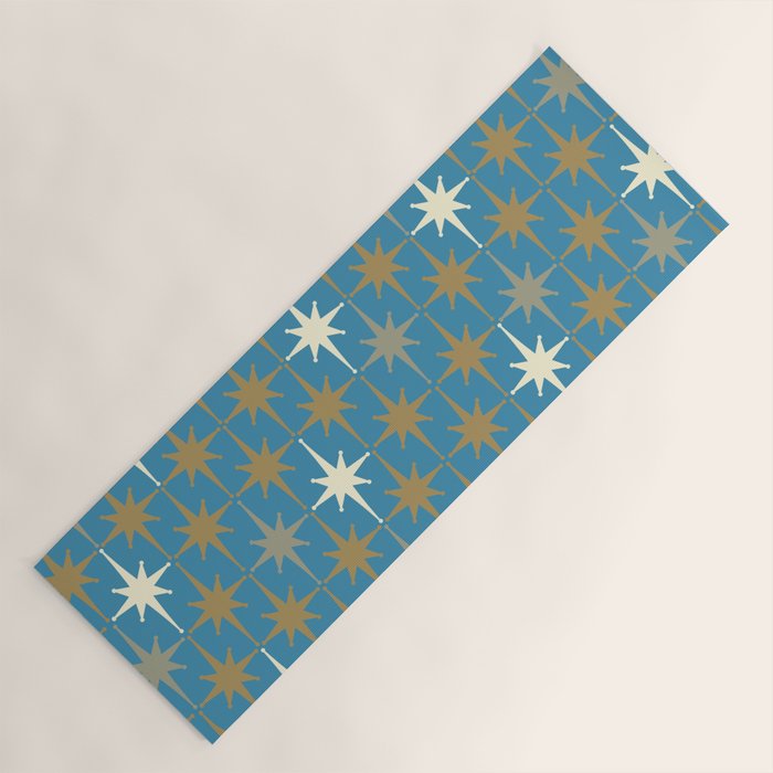 Atomic Age Retro Starburst Mid-century Modern Pattern in Burnished Gold, Taupe, Cream, and 50s Blue Yoga Mat Gallery Image 1