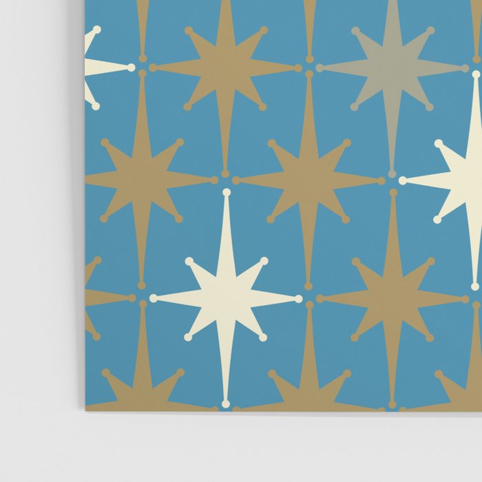 Atomic Age Retro Starburst Mid-century Modern Pattern in Burnished Gold, Taupe, Cream, and 50s Blue Poster Gallery Image 3