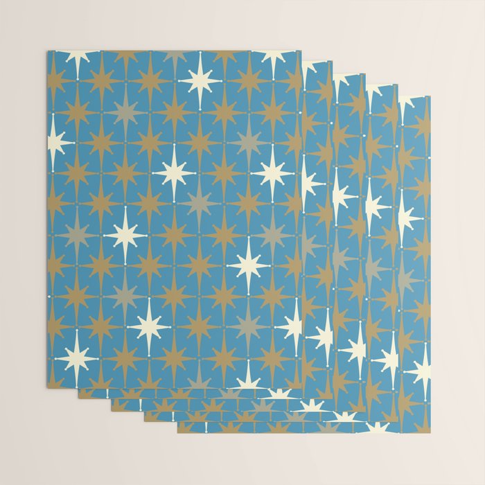 Atomic Age Retro Starburst Mid-century Modern Pattern in Burnished Gold, Taupe, Cream, and 50s Blue Wrapping Paper Gallery Image 3