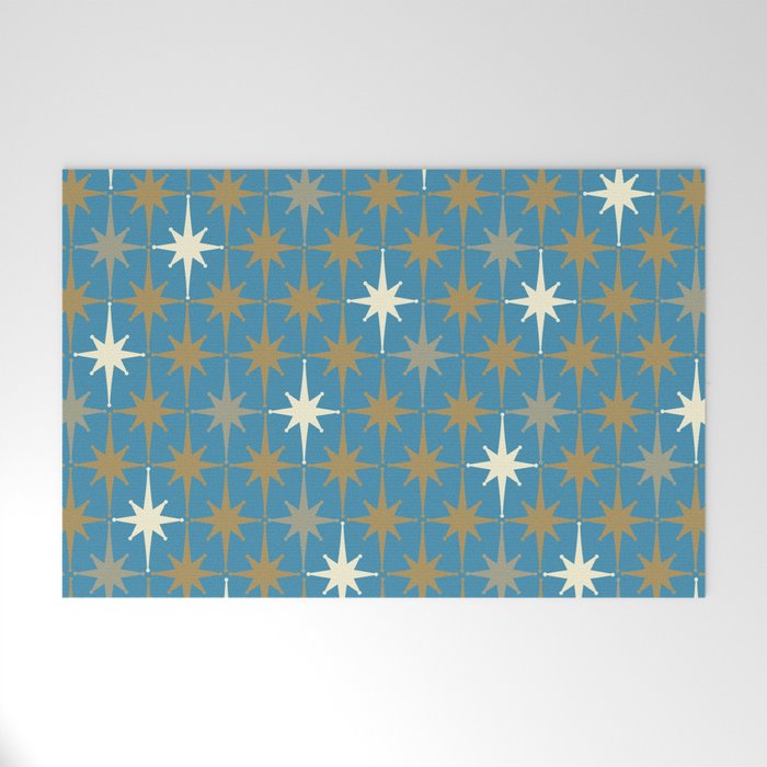 Atomic Age Retro Starburst Mid-century Modern Pattern in Burnished Gold, Taupe, Cream, and 50s Blue Welcome Mat Gallery Image 1