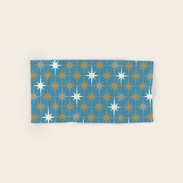 Atomic Age Retro Starburst Mid-century Modern Pattern in Burnished Gold, Taupe, Cream, and 50s Blue Bath Towel Gallery Image 1