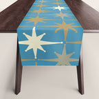 Atomic Age Retro Starburst Mid-century Modern Pattern in Burnished Gold, Taupe, Cream, and 50s Blue Table Runner Gallery Image 1