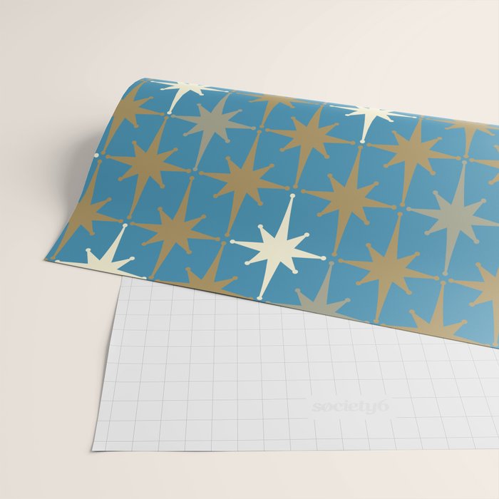 Atomic Age Retro Starburst Mid-century Modern Pattern in Burnished Gold, Taupe, Cream, and 50s Blue Wrapping Paper Gallery Image 2