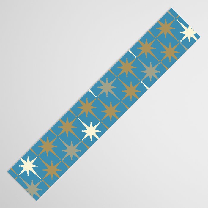 Atomic Age Retro Starburst Mid-century Modern Pattern in Burnished Gold, Taupe, Cream, and 50s Blue Table Runner Gallery Image 3